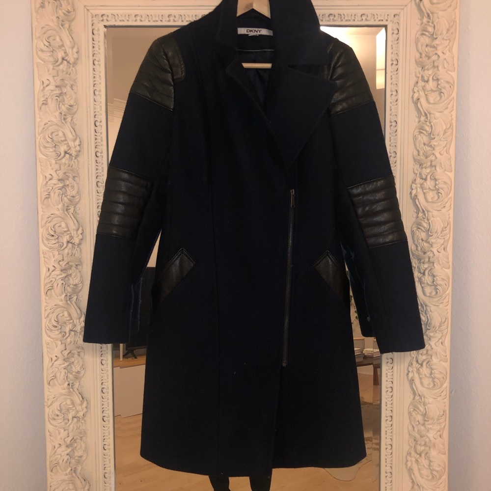 DKNY Navy blue woolblend coat with leather accents